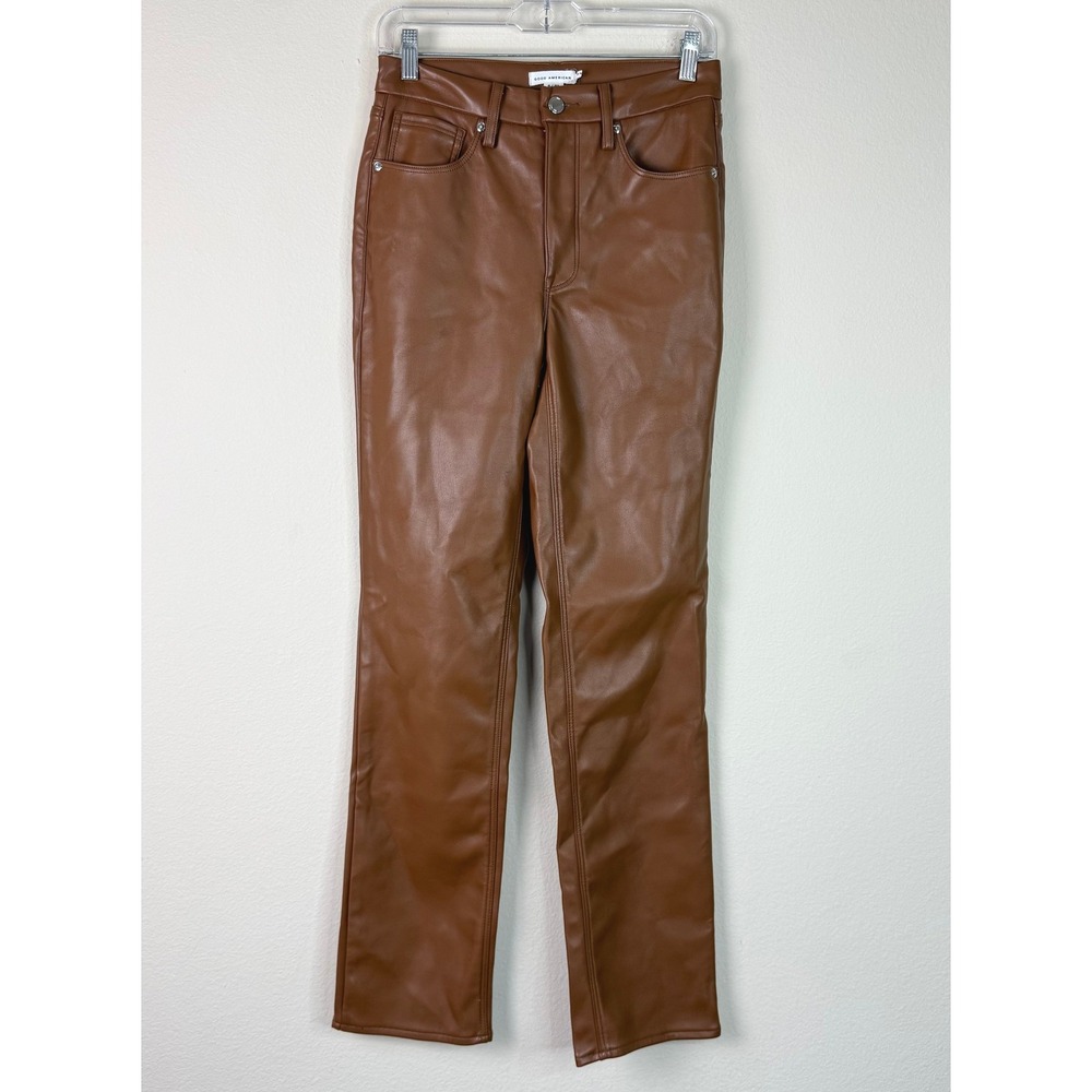 Good American Pants Women 4/27 Good Legs Straight Faux Leather Burnt Caramel